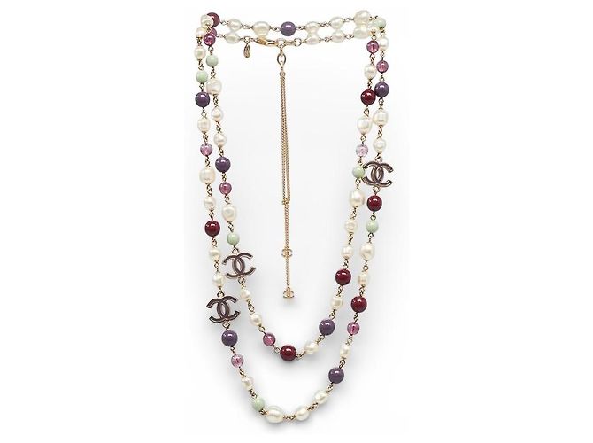 Collana multicolore a catena extra lunga Chanel 11P con hardware dorato Rosa D'oro Porpora Verde chiaro