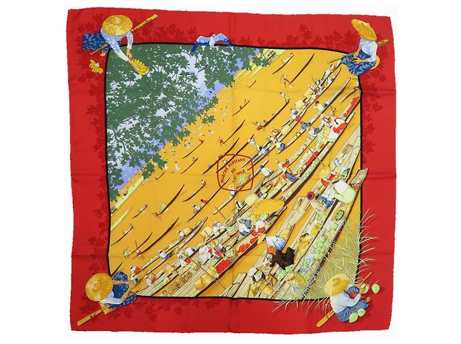 Market Bufanda de seda Carré 90 Hermès Roja Verde Naranja Amarillo
