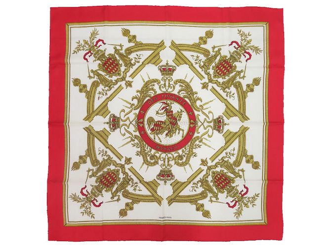 Bufanda de seda Hermès Carré 90 DEO JUVANTE MONACO Blanco Roja Dorado