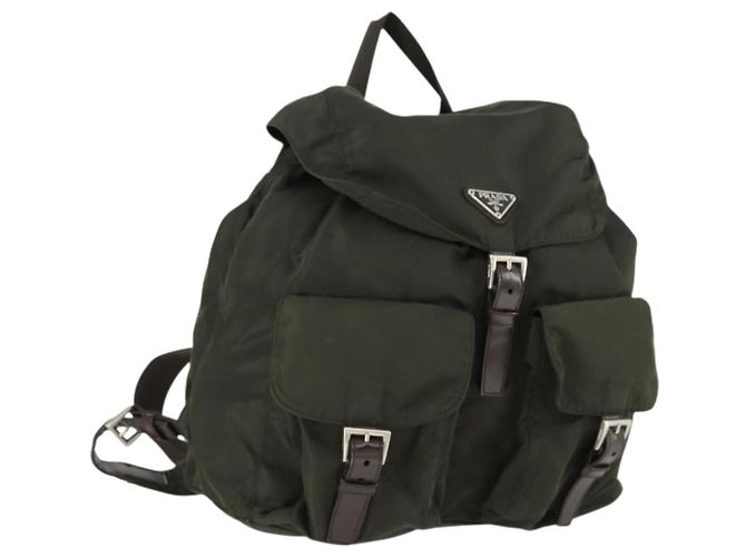 PRADA Backpack Nylon Khaki Silver Auth 165432 Silvery