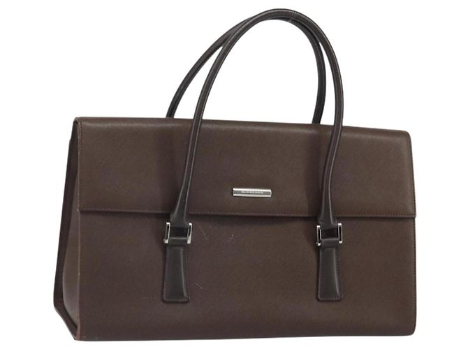 Burberry Bolsa de mão de couro marrom com detalhes em prata Auth ep13146