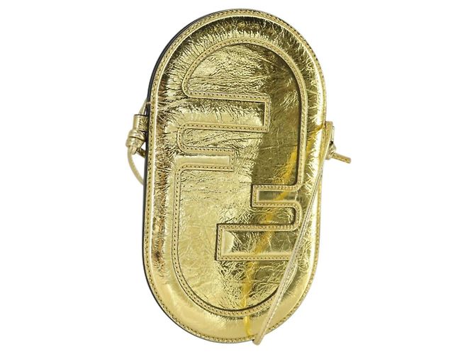 FENDI Orlock Bolsa de Ombro para Smartphone em Couro Dourado Auth SW2114SAM