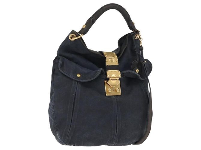 Borsa a Spalla Miu Miu Canvas 2way Blu Navy Oro Auth 168005 D'oro