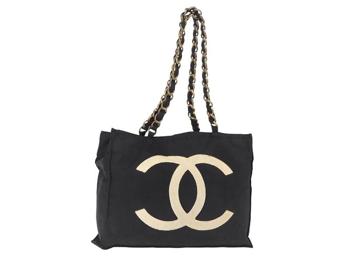 CHANEL COCO Borsa Tote a Catena Nylon Nero Oro CC Auth 165069 D'oro
