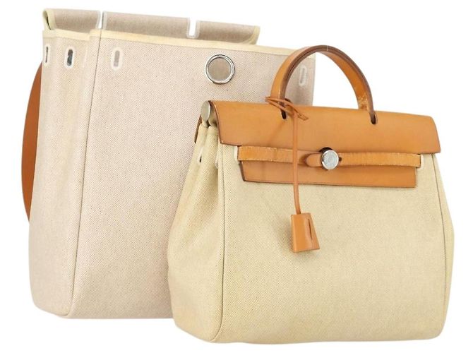 Hermès HERMES Herbag Ad PM Backpack Canvas Leather 2way Beige Silver Auth 168408 Silvery