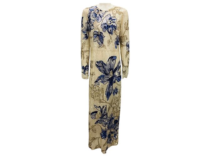 Abito lungo a maniche lunghe con perline e paillettes Erdem beige / blu / Abito formale Multicolore
