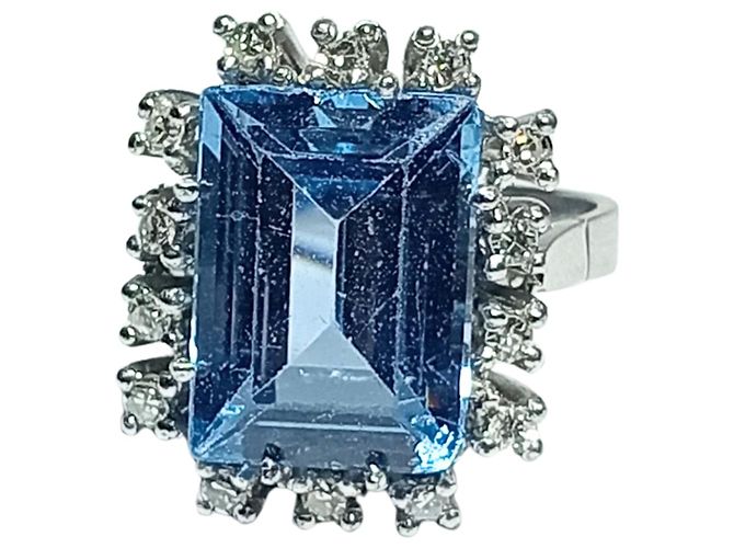 Autre Marque Anello Topazio blu e corona di diamanti ORO BIANCO 18K