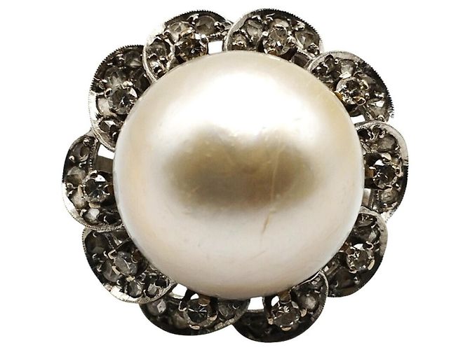 Autre Marque Anello in Oro Bianco con Diamanti e Perla