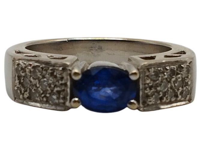 Autre Marque Anel de Ouro Branco com Safira e Diamantes