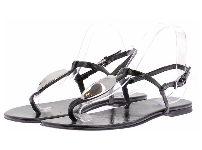 Massimo Dutti Schwarze flache Ledersandalen mit silbernen Details