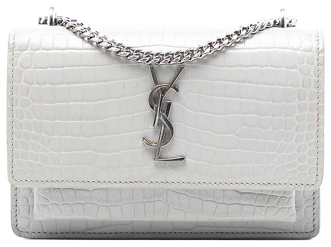 Saint Laurent Gray Mini Croc Embossed Leather Monogram Sunset Wallet on Chain