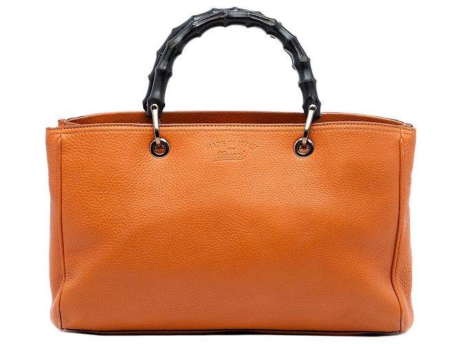 Bamboo Bolsa shopper média em couro de bezerro laranja com bambu Gucci