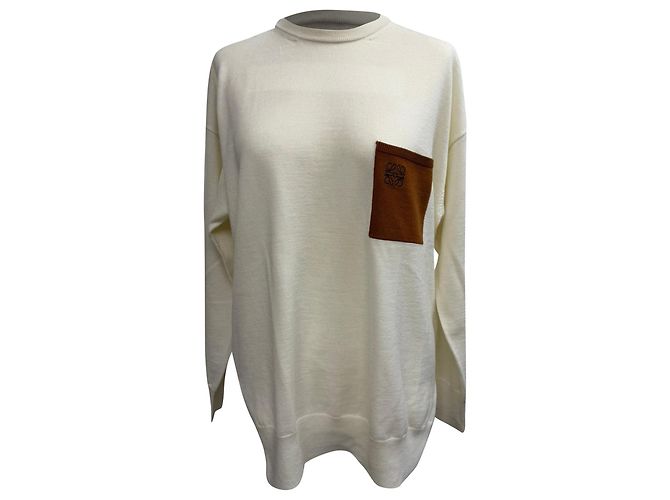 Loewe Anagram-Pocket Pullover aus cremefarbener Wolle Weiß Roh