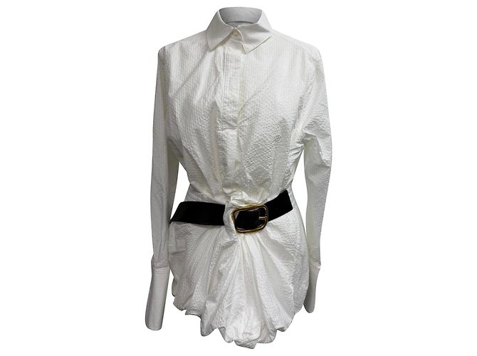 Camisa de manga larga con cinturón de algodón blanco Loewe Crudo