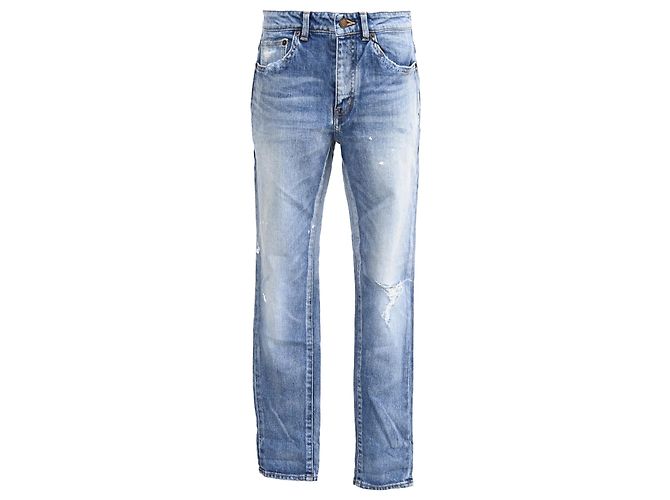 Saint Laurent Distressed Washed Jeans in Light Blue Denim