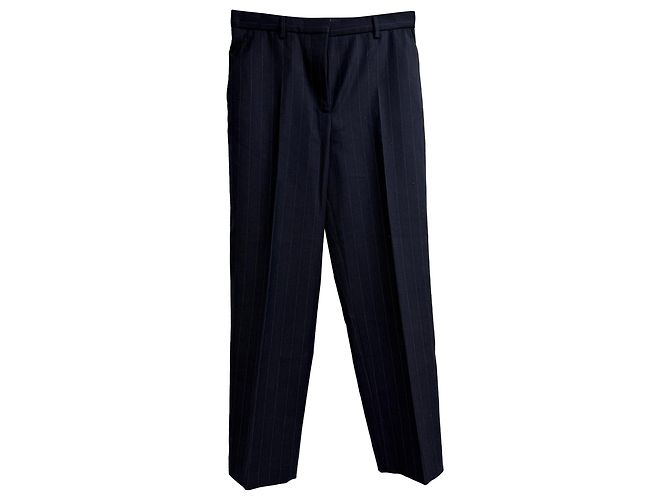 Pantaloni dritti a righe in lana blu navy di Prada