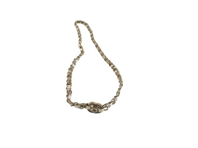 Chanel CC Double Tour Necklace Silver Leather and Gold Chain Silvery Golden