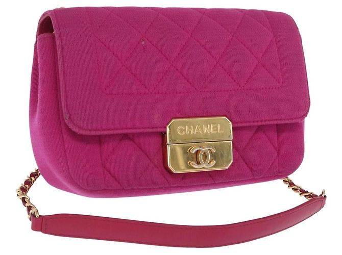 CHANEL Bolso de Hombro Matelassé Cadena Algodón Rosa Oro CC Auth bs32986 Dorado