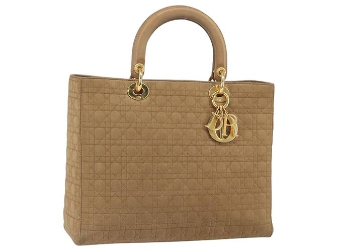 Christian Dior Borsa Lady Dior in nylon beige e oro Auth ep13008 D'oro