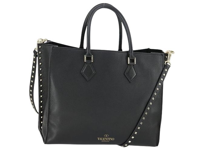 Valentino Bolsa de mão em couro 2 em 1 preta e dourada Auth BA10227 Preto Dourado