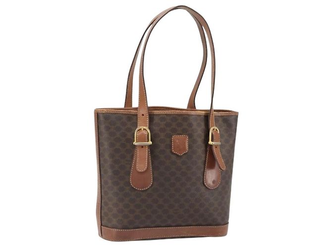 Céline Bolsa de mão em lona Macadam CELINE em couro PVC marrom dourado Auth bs33103