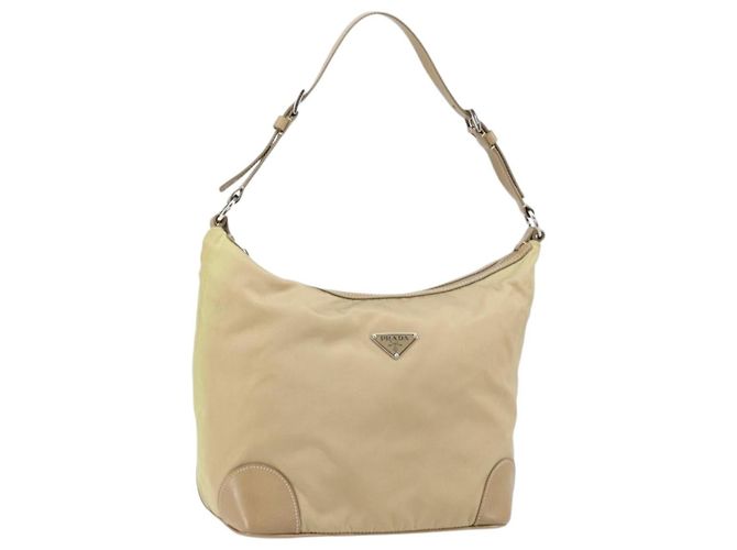 PRADA Shoulder Bag Nylon Beige Silver Auth 169023 Silvery