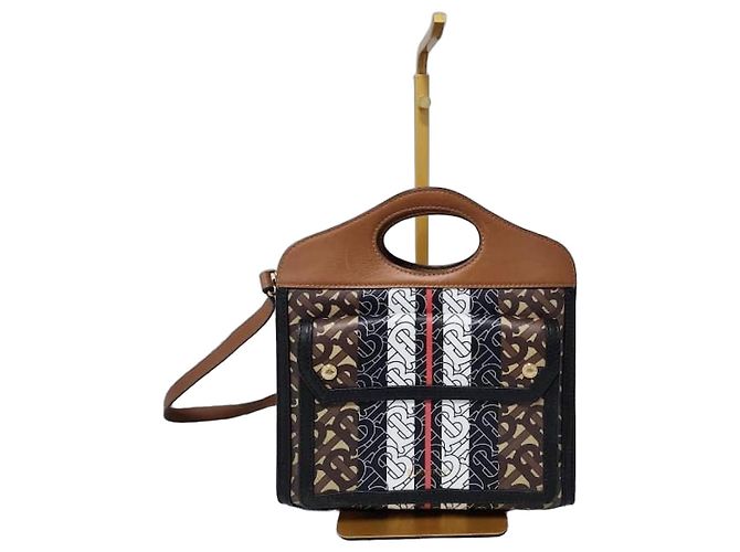 Borsa a Spalla Pocket Mini Monogram Stripe E-Canvas Burberry Marrone/Nero/Bianco