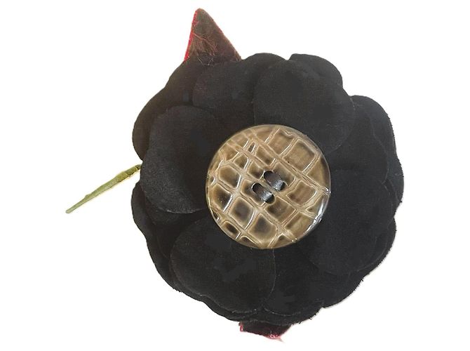 Wunderschöne DOLCE & GABBANA Blumenbrosche mit Samtblütenblättern und Blättern Schwarz Grün Haselnuss