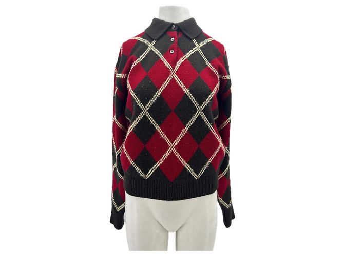 Autre Marque Suéter jacquard marrom e vermelho em lã e caxemira