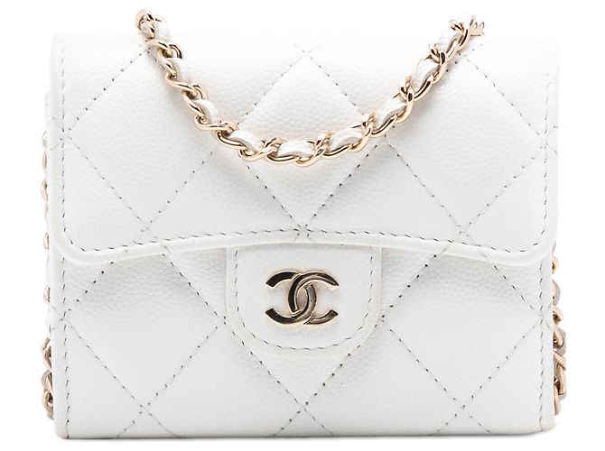 Wallet On Chain Tarjetero de caviar blanco acolchado CC de Chanel con cadena