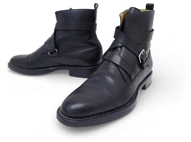 Hermès SCARPE HERMES FINLAND ANFIBI 42 IN PELLE NERA CON DOPPIE CINGHIE Nero