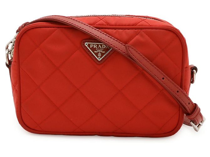 Bolsa de ombro 2 em 1 em nylon e couro com logo triangular da Prada Vermelho