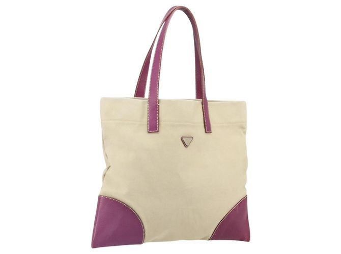 PRADA Tote Bag Canvas Beige Silver Auth 170406 Silvery