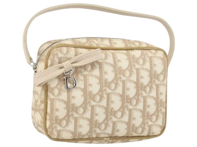 Christian Dior Trotter Canvas Romantic Pouch PVC Beige Silver Auth 168043 Silvery