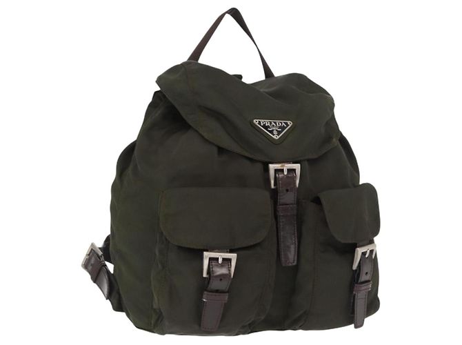 PRADA Backpack Nylon Khaki Silver Auth 166105 Silvery