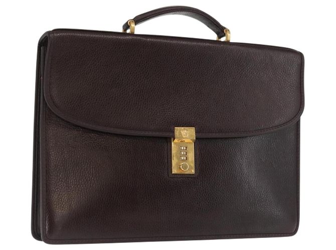 Bolsa de negócios em couro marrom e dourado Gianni Versace Auth bs33178
