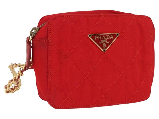 PRADA Schultertasche Nylon Rot Gold Auth 169188 Golden