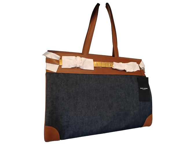 Borsa tote Saint Laurent Manhattan Marrone e Blu Scuro in Pelle