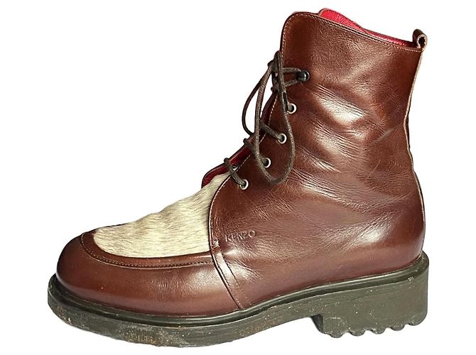 Stivaletti stringati Kenzo in pelle marrone e pony T 38 Marrone scuro