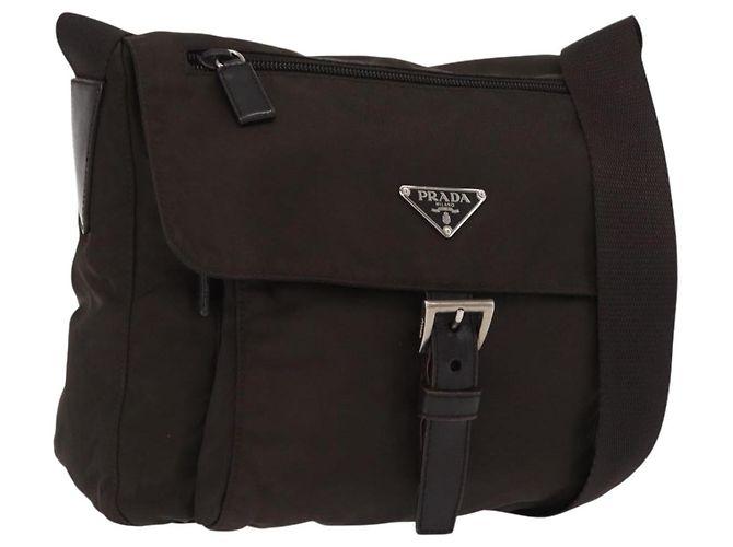 PRADA Schultertasche Nylon Braun Silber Authentisch ep13123