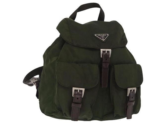 PRADA Backpack Nylon Khaki Silver Auth 166761 Silvery