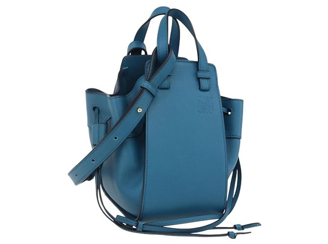 LOEWE Anagram Hammock Drawstring Mini Bag Leather Blue Gold Auth BA10330SM Golden