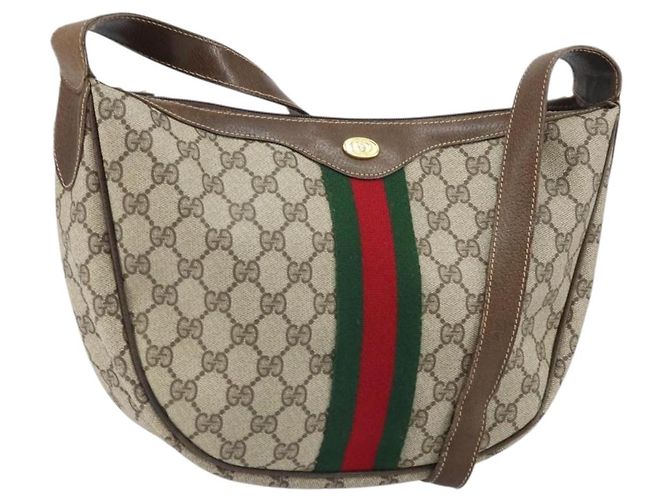 Borsa a Spalla GUCCI GG Supreme Web Sherry Line PVC Beige Rosso Auth 170320