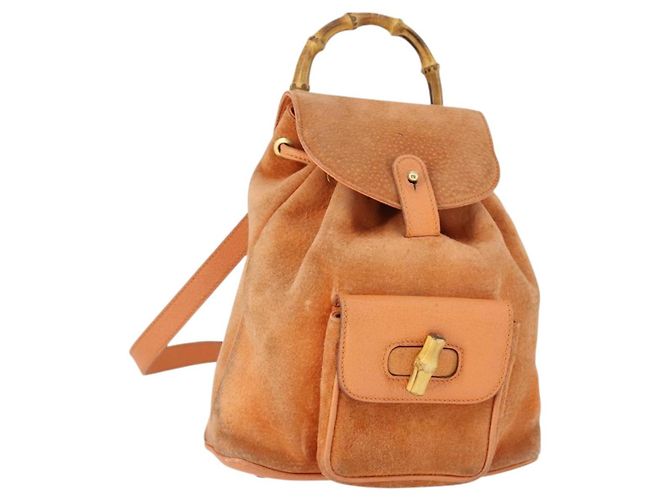 GUCCI Bamboo Backpack Suede Orange Gold Auth 169373 Golden