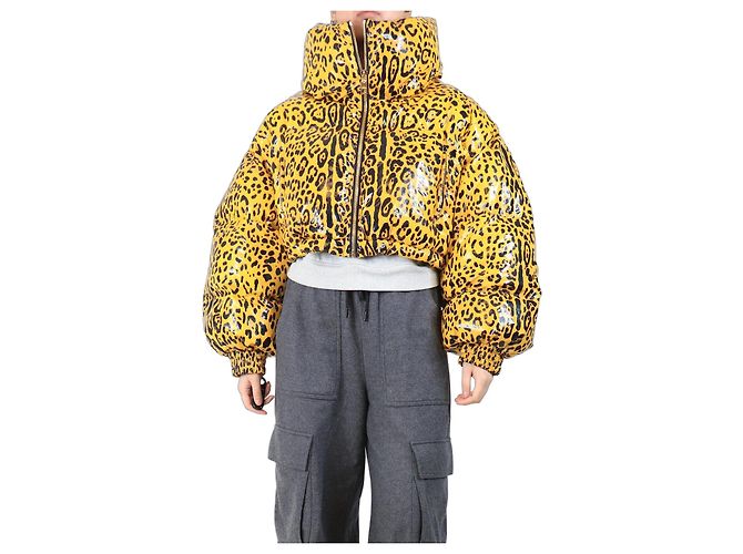 Dolce & Gabbana Yellow leopard print cropped puffer jacket - size S