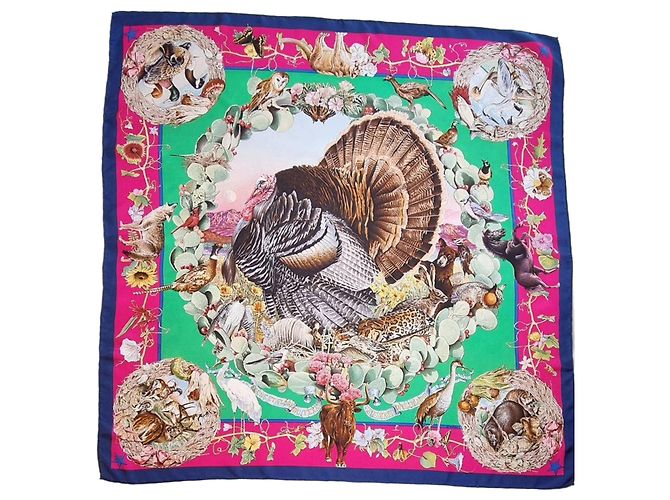 Lenço de seda "Fauna e Flora do Texas" da Hermès Marrom Rosa Azul Bege Verde