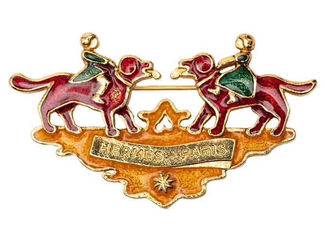 Hermès Cloisonné Mädchen und Hund Brosche Rot Golden Grün