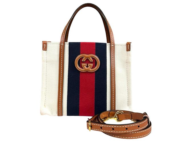 Bolsa Tote Mini Interlocking G da Gucci Branco Vermelho Azul marinho