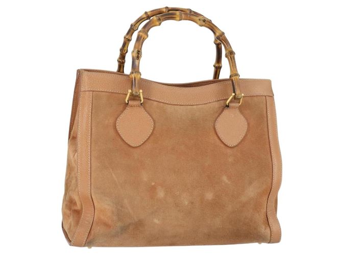 Bolso de mano de cuero de gamuza Gucci Bamboo marrón dorado Auth 166728 Castaño