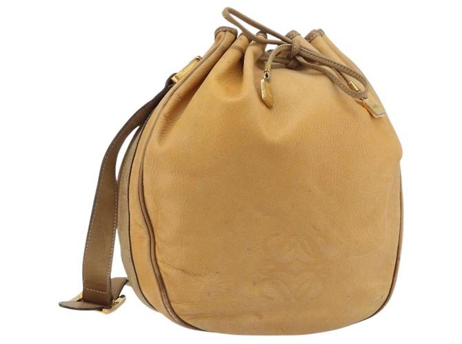 LOEWE Bolsa de Ombro Anagram Couro Bege Ouro Auth 166705 Dourado